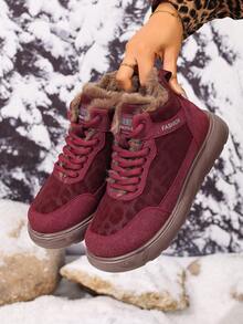 2025 Women's Winter Mid-Calf Snow Boots, Mid-Calf Thick Warm Lace-Up Boots, Leopard Print Design American Style Outdoor Sports Boots, Anti-Slip Wear-Resistant Cold-Proof Snow Boots - Jujube Red - View 3