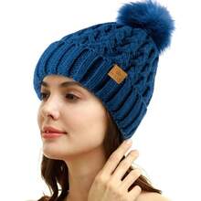 Womens Winter Ribbed Beanie Crossed Cap Chunky Knit Pompom Soft Warm Hat - Một cỡ + Peak Blue - Xem 3