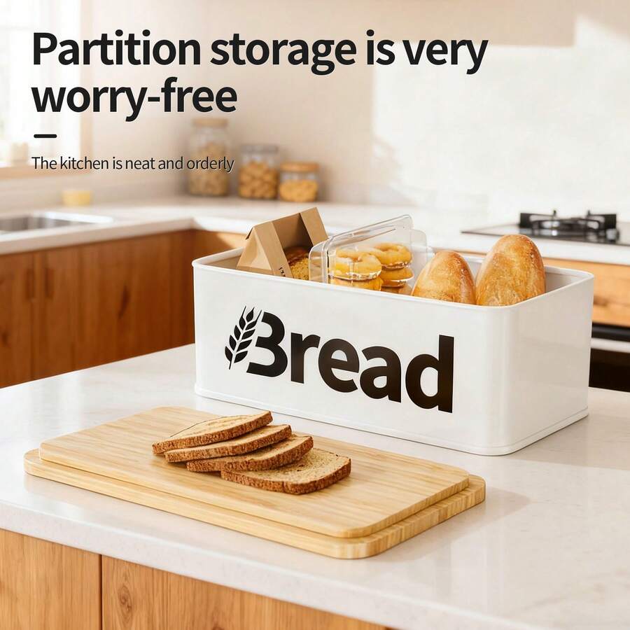 复古金属面包盒 - 厨房收纳佳品，配有竹制密封盖，厨房储物容器，耐用翻盖式食品储藏柜，面包收纳盒 - 彩色 - 查看 1