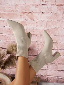 Women's New Knitted High Heel Ankle Boots, Pointed Toe High Heels, Fashionable Chunky Heel Elastic Boots, Slim Fit Sock Boots, Suitable For Commuting And Office, Autumn/Winter - Beige - View 3