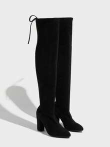 Fall/Winter New Women's Fashion Comfortable Versatile Solid Color Pleated Elastic Pull-On Over-The-Knee High Heel Cowboy Boots - Black - View 4