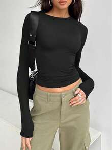 ملابس علوية طبقة أساسية طويل الأكمام ذو رقبة دائرية مناسب للربيع 2025 - أنيق ومتعدد الاستخدامات - الأسود - مشاهدة 2