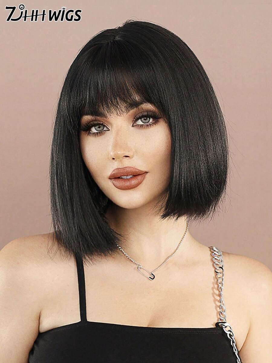 7JHH WIGS 12 Inch Yaki Straight Bob Wig For Women - Modest Fashion Black Short Wig With Bangs, Premium Fluffy Synthetic Fiber Full Machine Hair Wig For Daily Wear, Music Festivals Celebrations & Streetwear Special Use, Party Wigs Accessory - 自然黑 - 查看 1