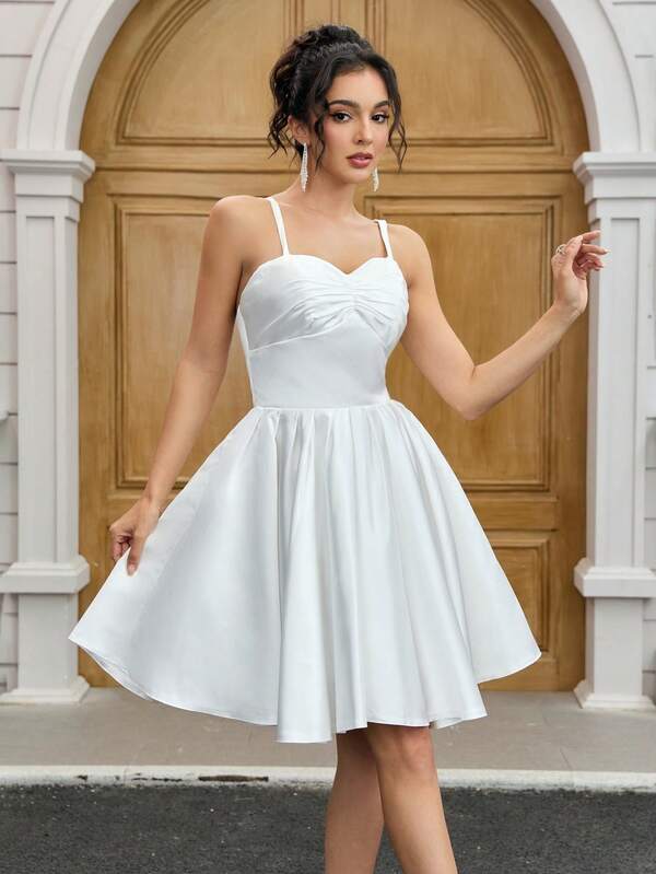 YUMIBRAVO Ballet Style Backless Wedding Dress Bridal Ball Gown Dress With Ruffled Satin Skirt & A-Line Silhouette ,White Dress For Women, Prom Dress For Women, Perfect For Classic Weddings, Graduation Dress, Evening Gala Receptions, Birthday Women Outfits