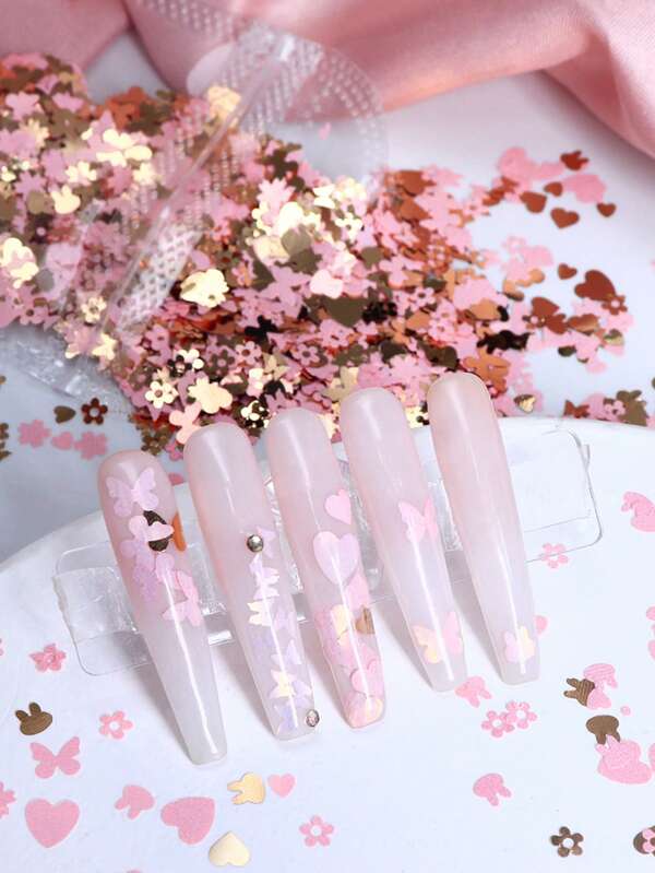 5g Pink Black Golden Heart Nail Sequins Mixed Flower Butterfly Glitter Flakes Nails Art Accessories 3D Manicure Charms Design