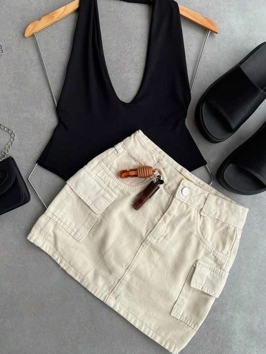 Graphite Cargo Denim Skirt With Side Pockets - 米色 - 查看 1