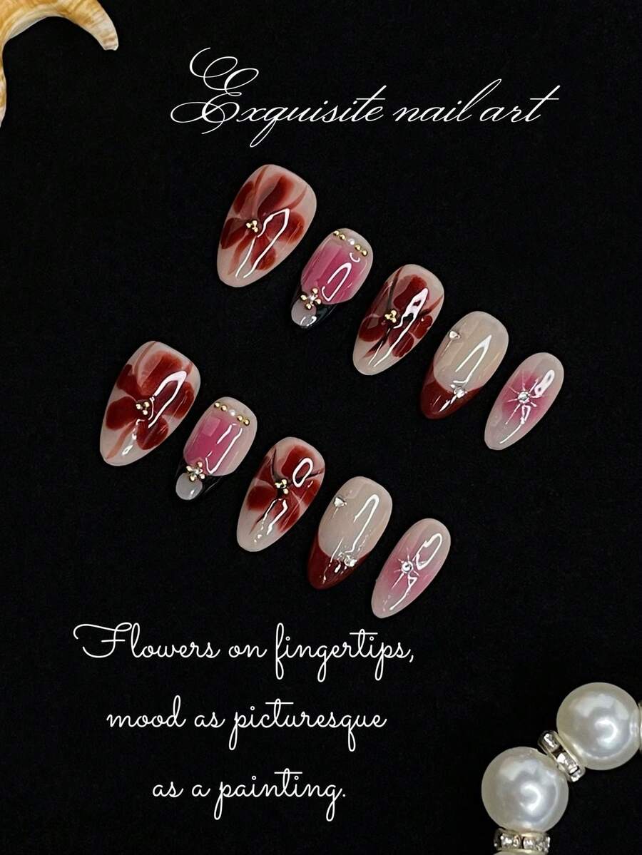 Uñas postizas hechas a mano de forma de almendra, uñas postizas hechas a mano con patrón de gradiente teñido anudado de lujo, uñas postizas hechas a mano con patrón hexagonal de talla floral tropical 3D - Multicolor - Ver 1