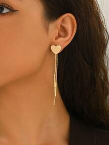 1对新款创意心形长流苏简约优雅耳环，适合日常佩戴，秋冬季百搭单品