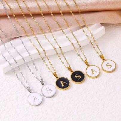 1pc Personalized Initial Titanium Steel Necklace - Stainless Steel Round Pendant Necklace - Gold/Silver Color - Elegant Jewelry For Women - Meaningful Gift For Her - Fashionable Daily Accessory