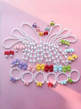 5件套女孩甜美蝴蝶结珍珠首饰套装，包括项链、手链、耳环和戒指，优雅公主风礼物