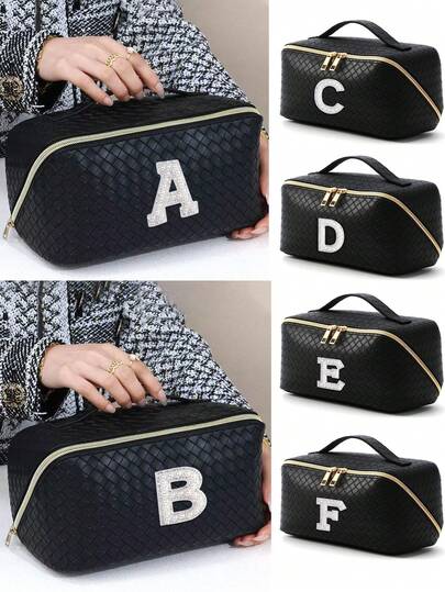 1个字母A-Z/PU皮革大容量旅行化妆包，多功能护肤品收纳包，化妆刷收纳袋，首饰收纳袋，挂式洗漱包，旅行必备，便携式拉链包，适用于护肤品、化妆品、眉笔、眼影盘、口红、面膜等，适合邮轮、宿舍、居家、商务旅行