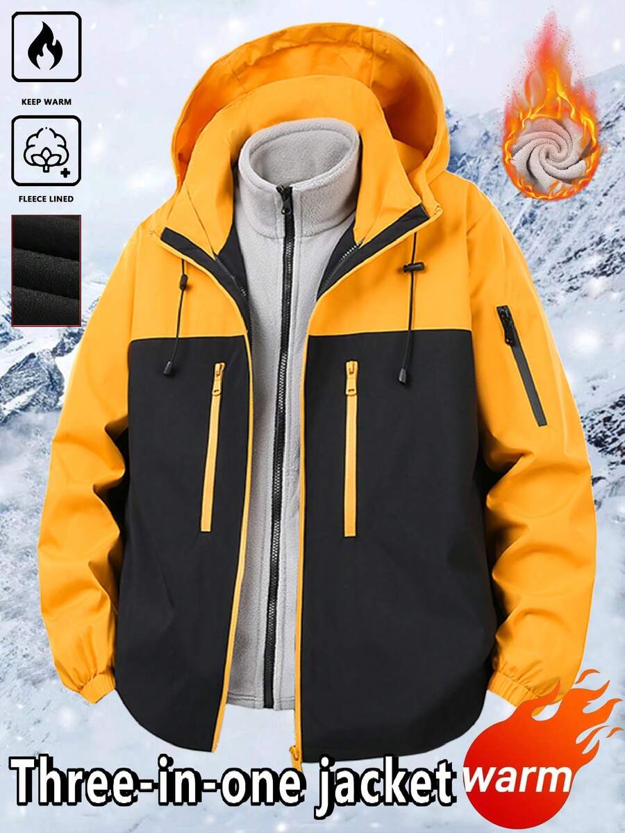 New Men's Casual Versatile Detachable Lining Hooded Thermal Lined Thick Windbreaker Jacket, Multi-Pocket Two Pieces Outdoor 3-In-1 Windproof Jacket - Orange - View 1