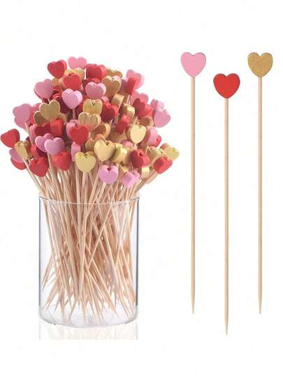 100pcs Heart-Shaped Bamboo Cocktail Picks (Random Color), Heart-Shaped Toothpicks, Suitable For Appetizers, Snacks, Desserts, Fruits, Vegetables, Sandwiches, Cheese, Sausages, Can Be Used As Party Decorations, Also Suitable For Birthday Parties, Weddings, Gender Reveal Parties. Home Decor Fruit Picks, Also Suitable For Weddings, Valentine's Day And Other Occasions.