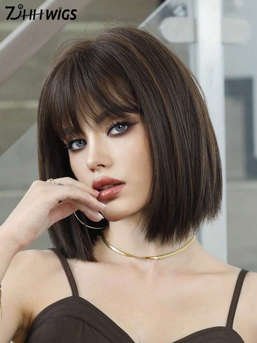 7JHH WIGS 12 Inch Dark Brown Bob Wigs For Women - Modest Fashion Short Straight Wig With Bangs Mixed Brown Highlight Hair, Premium Silky Synthetic Heat Resistant Wig For Daily Wear, Music Festivals Celebrations & Streetwear Special Use, Party Wigs Accessory - Màu nâu highlight - Xem 1