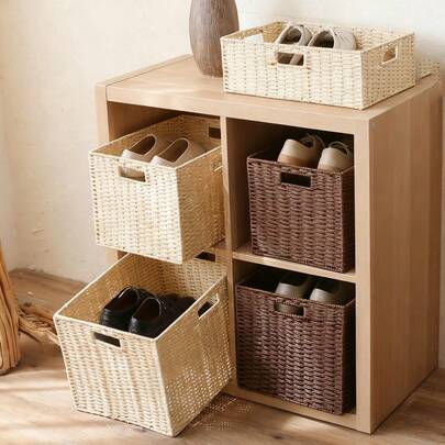 [Woven Rattan Storage Basket] Large Capacity Hand Woven Wicker Storage Bin With Handles Foldable Organizer For Shoes Clothes Toys Snacks Natural Storage Basket For Entryway Bedroom Closet Bathroom Living Room Home Organization Mothers Day Gift