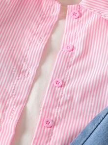 2pcs/Set Girls Young Girl 2025 Fall New Minimalist Pink & White Striped Long Sleeve Collared Shirt And Cute Butterfly Print Cuffed Straight Leg Jeans Pants Outfit - Pink - View 3