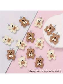10个可爱树脂蝴蝶结卡通熊（咖啡色、米色）DIY饰品，适用于制作精美耳环、手链、项链吊坠、钥匙扣、包包挂饰和钥匙链 - 彩色 - 查看 9