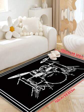 Music Themed Drum Set Design Carpet, Suitable For Indoor And Outdoor Use - Sound Insulating Polyester Rug, Applicable For Bedroom, Living Room, Entrance - Durable, Machine Washable, With Anti-Slip Backing