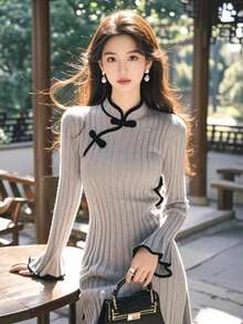中国式国風婦人服のチャイナドレス流行純色ニット盤釦長袖ワンピース秋冬の新型の長スカート2025高品質の中国式国風婦人服のチャイナドレス流行灰色ニット盤釦ワンピース秋冬の新型の長スカート - グレー - チェックする 3