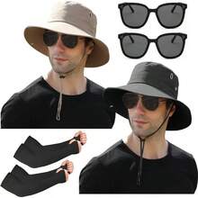 Kit 6 piezas Sombrero para Sol Hombre, 2 Gorros Pescador  y Caqui con 2 Pares Mangas para Brazos+ 2 Pares de Gafas de Sol, para Caminar, Bicicleta, Camping y Pesca - inicial - Ver 2