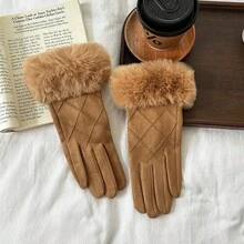 1 Pair Casual Suede Thermal Lined Warm Gloves, Winter Windproof Thickened Diamond Pattern Touch Screen Gloves For Women - Multicolor - View 7