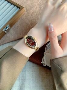 1 件女士椭圆形银黑色表盘金色石英休闲手表，适合日常佩戴 - 金色 - 查看 3