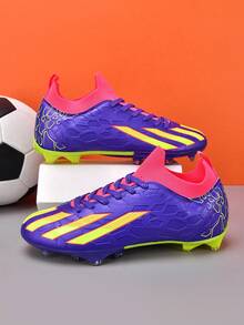 1 paire de chaussures de sport professionnelles unisexes basses pour l'extérieur, en herbe naturelle, avec lacets avant en PU, crampons longs AG/FG, pour jeunes, campus, football américain - Prune - Voir 1