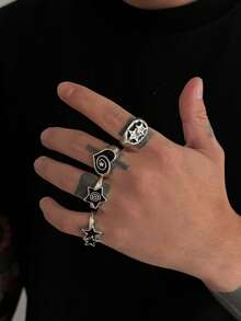 4件套时尚朋克风螺旋星形戒指套装，男士日常休闲佩戴 - 古銀 - 查看 8