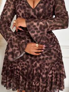 BIUBIU Abito lungo a maniche lunghe plissettato e svasato alla moda ed elegante per taglie forti, abito mini in maglia elastica a rete con stampa leopardata, scintillante per il Nuovo Anno, adatto per Capodanno/Natale/Feste/Viaggi casual - Castano - Visualizzare 9
