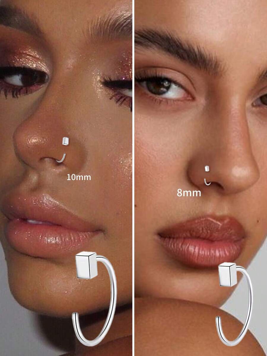 One Piece Of S925 Sterling Silver Rectangular Nose Ring. It Is An Exquisite And Timeless Accessory For Women, Suitable For Daily Wear And Also An Ideal Gift For Mothers, Girlfriends, And Best Friends. - Single Nose Ring - View 1