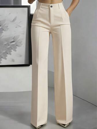 Women's High Waist Toothpick Striped Design Straight Leg Solid Color Button Zipper Pocket Pants