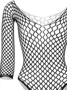 بوديسوت داخلية سوداء شبكية، تصميم مفرغ، كم طويل، طول كامل، ملابس داخلية للنساء البالغات، ملابس بالغة، بوديسوت شبكية، تصميم ربطة، رقص - الأسود - مشاهدة 1