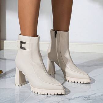 2025 Autumn/Winter New Pointed Toe Boots, High Heel, Warm Lining, Waterproof Platform, Thick Heel Short Boots For Women