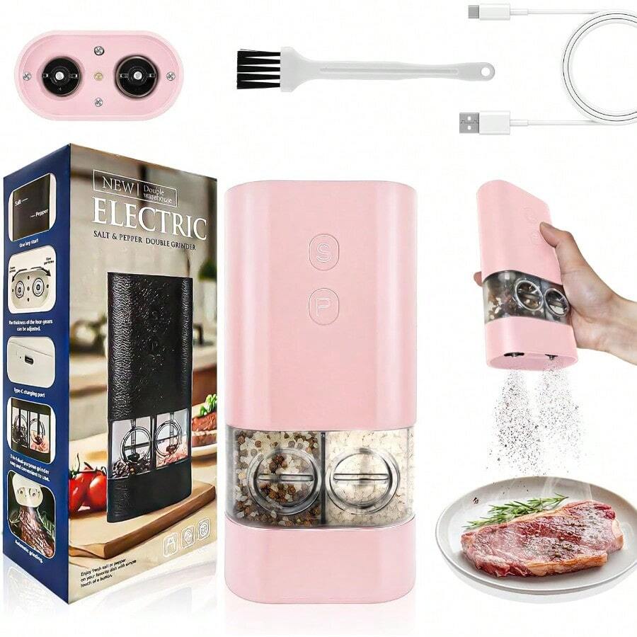 Electric Salt And Pepper Grinder Set Double Spice Container Adjustable Coarseness And Automatic OneHand Operation For Home Kitchen Outdoor Camping Pink - 粉色 - 查看 1