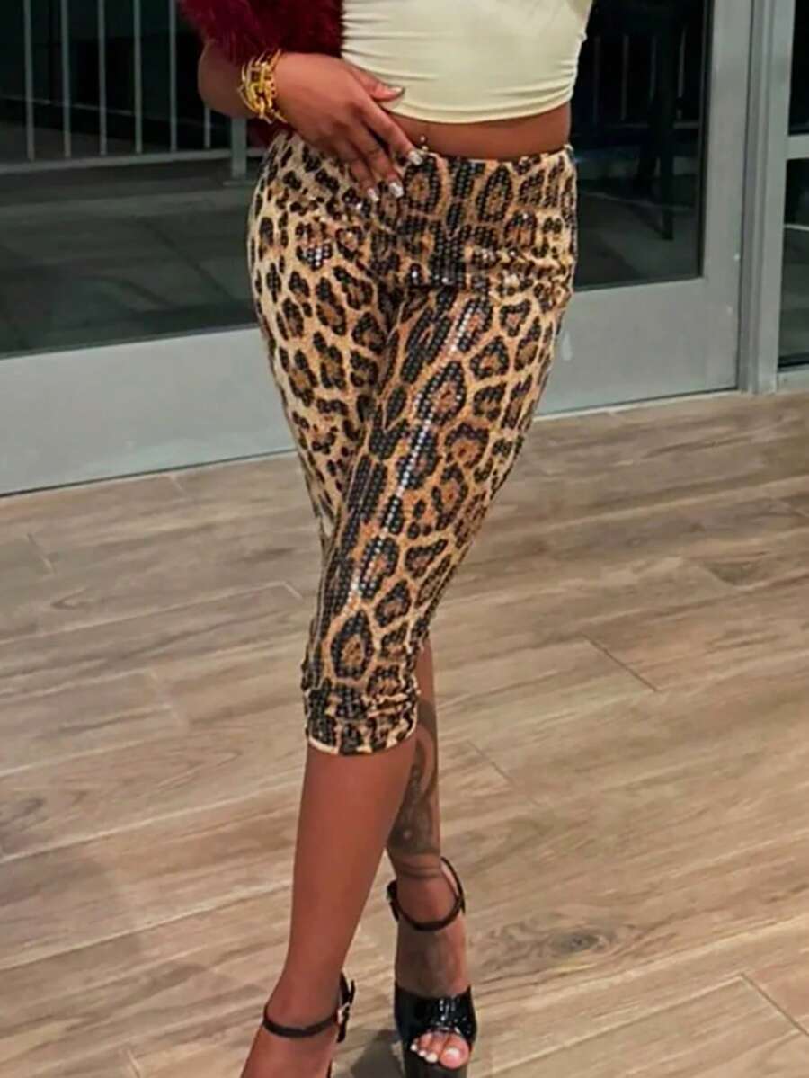 Leopard Print Sequin Casual Streetwear Skinny 7/8 Leggings - Brown - View 1