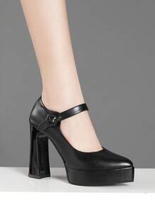 女士踝带高跟鞋，粗跟浅口鞋，粉色、杏色、裸色、酒红色、黑色、白色、红色、银色、金色、棕色可选，时尚百搭