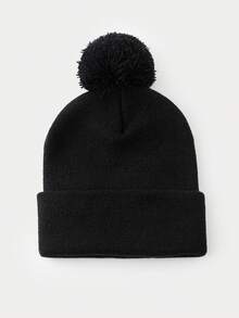 1 pieza Gorro de punto de unicolor y versátil con dos bolas, adecuado para outfits casuales de otoño/invierno de mujer