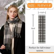 1pc Women's Faux Cashmere Plaid Tassel Scarf, Plush Autumn/Winter Shawl For Warmth, Fashion Neck Wrap For Daily Wear - 藍色 - 查看 6