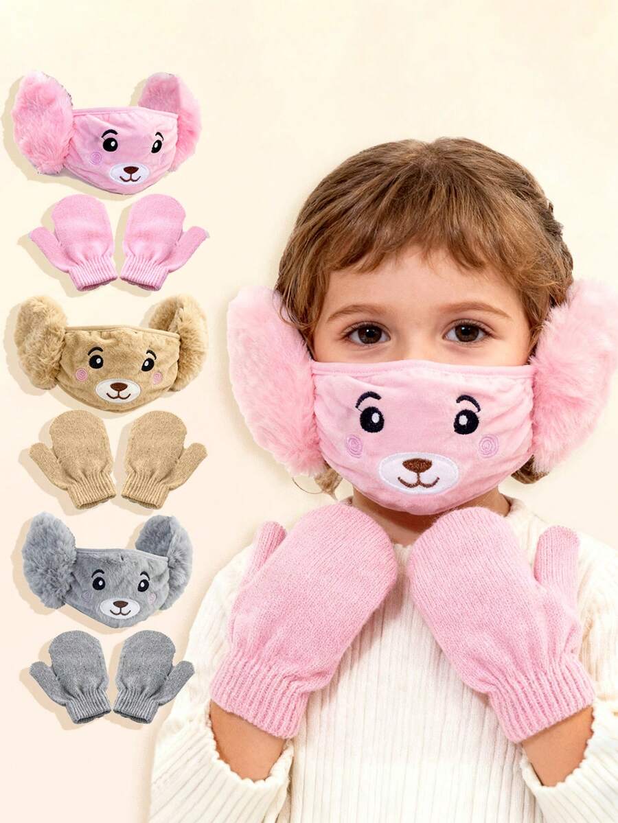 Autumn And Winter Season Plush Mask With Ear Covers, Two-In-One, Children's Bear Cartoon Mask