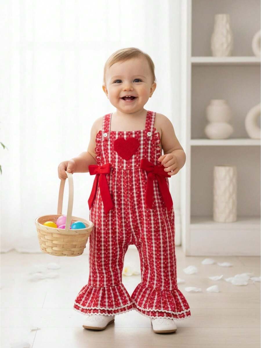 Baby Girl Overalls Sleeveless Heart Embroidery Jumpsuit Flare Suspender Pants Valentines Day Outfit - 紅色 - 查看 1