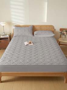 South Life 1pc Waterproof Fitted Sheet, Bedding, Fitted Sheet, Skin-Friendly Mattress Cover, Soft And Comfortable Bedding For Bedroom, Room Decor, Rose Pattern Fitted Sheet, 11.8 Inch Deep Pocket Cooling Breathable Quilted Square Lattice Fitted Sheet For All Seasons, For Single, Twin, Full, Queen And King Size, Solid Color Mattress Protective Cover, Dustproof, Comfortable And Machine Washable, For All Season, Fathers Day Gift, Birthday Decorations, Grad Party Decor, Fathers Day Decor, Graduation Gift, Birthday Gift - Xám - Xem 2