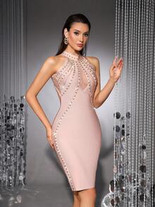 女士性感吊带迷你绷带鸡尾酒裙，无袖罗纹针织露背涤纶迷人派对连衣裙 - 粉色 - 查看 2