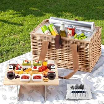 Alfresco 4 Person Picnic Basket Set With Table Blanket Cooler Wooden Insulated