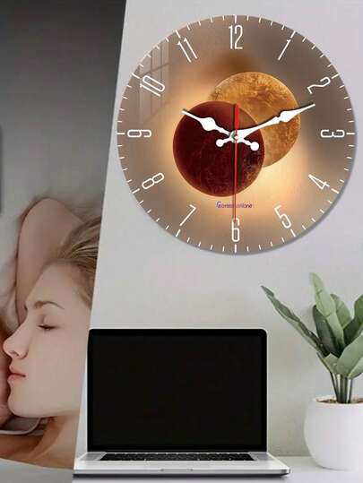 Pc 10 Inch/12 Inch Verlichting Shadow Art Frameless Wood Wand Clock, Planet Pattern, Silent Non Ticking, Living Room, Bedroom, Dining Kitchen, Office Home ation Crafts, Round Friends, Battery Powered (No Battery) Room view 2