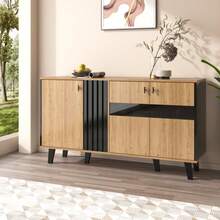 140 X 78.5 X 41 Cm Sideboard, Color-Coordinated Designer Sideboard Made Of Wood And Black With Storage Space, Cabinet With LED Lighting And Glass, Versatile In Use. [OLD SKU:WF313227228SAA] - Khaki - View 5