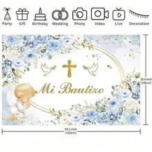A Pc Blue Floral Baptism Background Cloth With Gold Rings And Blue Floral Design, Suitable For Baptisms, Birthdays, Gift Parties, Religious Events, Party Banners, Birthday Party Decorations, Baptism Cake Table Decorations, And Portrait Photography Backgrounds. - Multicolor - View 5