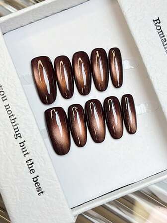 10pcs Handmade Nails Oval Nails Acrylic Press On Nails Long Medium Short, Minimalism Brown Nails, Flashy Cateye, Simple Elegant Luxury Handcrafted Nails Autumn Nails, Fall Press On Nails, Cute Aesthetic, Versatile Nails DIY False Nail Art Party Daily & Dating Use Beach Tropical Getaway Suitable Reusable, For Women & Girls As Gift Nail Supplies