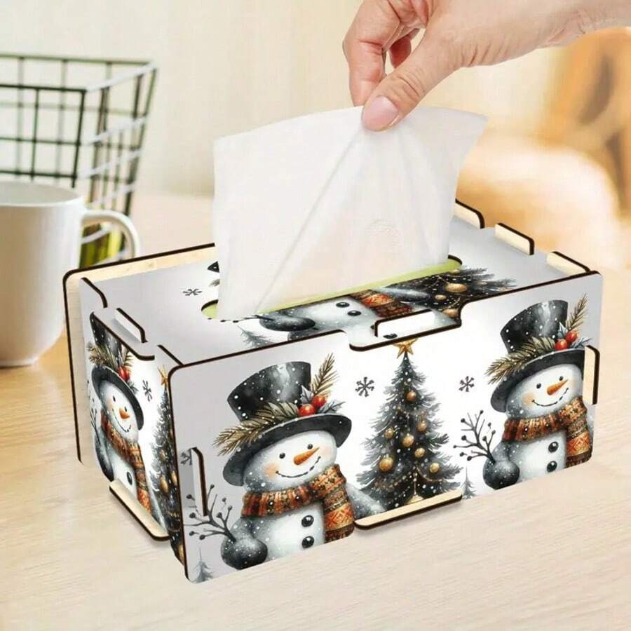 1 Caja de pañuelos de madera hecha a mano, caja de almacenamiento reutilizable, perfecta para la decoración del hogar y la oficina, regalo festivo ideal para todas las ocasiones, patrón de muñeco de nieve navideño, regalo hecho a mano, caja, decoración navideña.