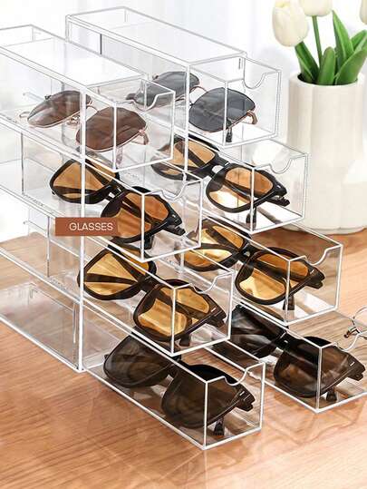 1pc Transparent Multifunctional Desktop Organizer, 4 Drawer Compartments, With Drawers, Sunglasses And Glasses Storage Box, Dust-Proof, Stackable Accessory Storage Box, Sunglasses And Glasses Case With 4 Drawers, Transparent Glasses Box For Jewelry, Watch, Perfume, Comb Storage And Display