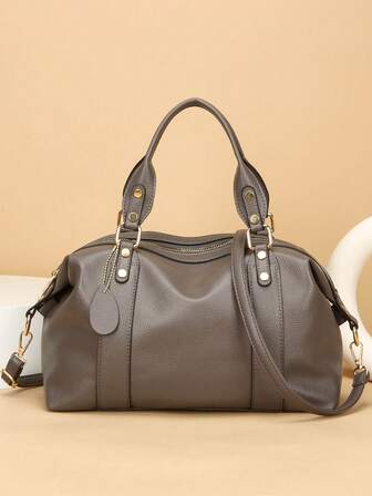 新款复古PU皮女士手提包，时尚拉链单肩包，配可拆卸肩带，女士工作旅行二合一包，灰色、黑色、绿色